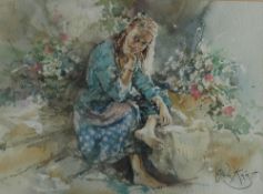 Gordon King A young lady seated on steps in a garden Watercolour Signed 26.