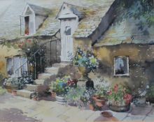 S J Andrews A cottage with flowers in the foreground Watercolour Signed 40 x 50.