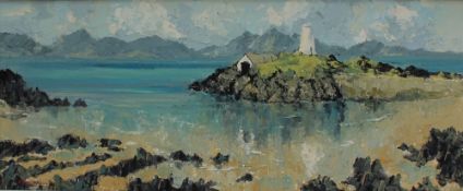 Charles Wyatt Warren Seascape with an island Oil on board Signed 36 x 89cm IMPORTANT: Artists