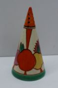 A Clarice Cliff conical sugar sifter, painted in the Fruitburst pattern,