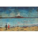 Jack Jones A beach scene with a lighthouse in the distance Oil on board Signed and dated