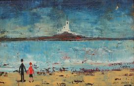Jack Jones A beach scene with a lighthouse in the distance Oil on board Signed and dated