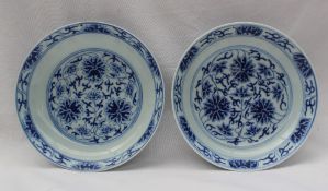 A pair of Chinese porcelain shallow dishes painted with flowers and leaves in blues,