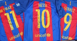 Barcelona - three replica jerseys individually signed by Messi,