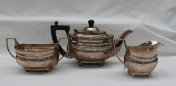 A George VI silver three piece tea set, of oval form, London, 1946,