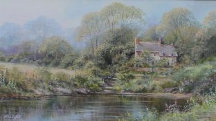 Hilary Scoffield A lake scene, with a cottage in the background Watercolour Signed 26.5 x 46.