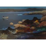 Donald McIntyre (1923-2009) Sunlit Rocks and boat Oil on board Initialled Label verso 29 x 39