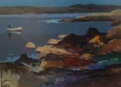 Donald McIntyre (1923-2009) Sunlit Rocks and boat Oil on board Initialled Label verso 29 x 39