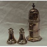 An Edward VII silver sugar caster, of octagonal form, the pierced domed lid with a turned finial,