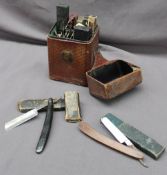 A leather case containing cut throat razors,