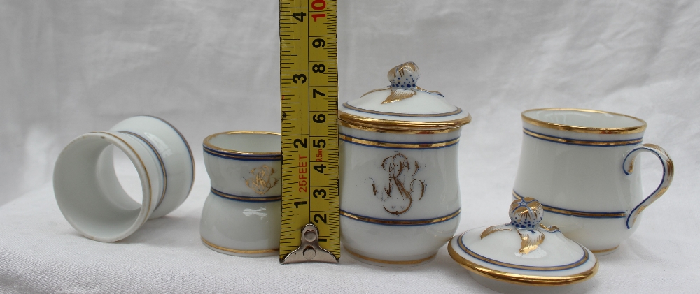 A 19th century French porcelain tray of oval lobed form on a pedestal foot with four pots de creme - Image 6 of 6