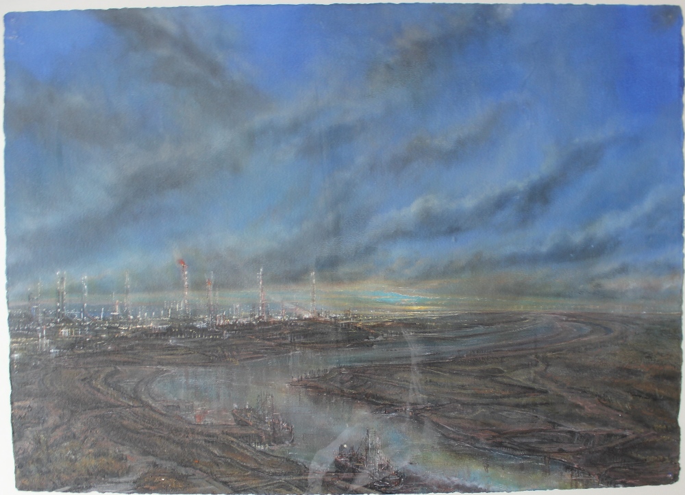 Iwan Gwyn Parry The oil refinery on the estuary Watercolour Signed verso. - Image 6 of 7