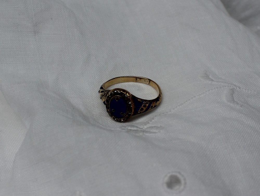 A blue enamel and diamond decorated dress ring to a yellow metal setting and shank - Image 2 of 4