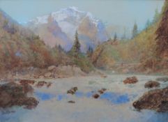 Paul Marny A mountainous landscape with a river in the foreground Watercolour Signed 28.