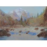 Paul Marny A mountainous landscape with a river in the foreground Watercolour Signed 28.