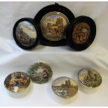 A collection of 19th century pottery pot lids, various scenes including 'A Pair',