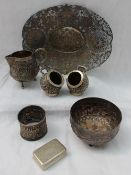 A Chinese white metal wirework bowl of oval form, together with a Chinese white metal box and cover,