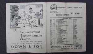 A 1947 Glamorgan County Cricket Club official Score card for the game against Gloucestershire,