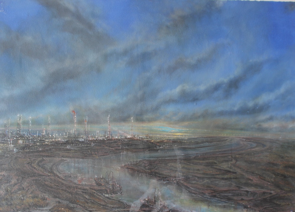 Iwan Gwyn Parry The oil refinery on the estuary Watercolour Signed verso. - Image 2 of 7