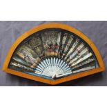 A 19th century fan, with three panels transfer and infil decorated depicting lovers,