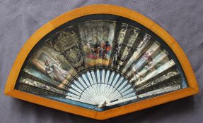 A 19th century fan, with three panels transfer and infil decorated depicting lovers,