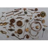 Assorted 9ct gold and yellow metal pendants, brooches, stick pins etc,