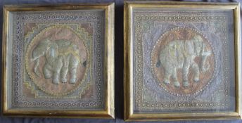 A pair of Indian woolwork and sequin tapestry pictures of elephants, 56.5 x 56.