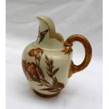 A Royal Worcester flat back jug, decorated with flowers and leaves to an ivory ground, puce mark Rd.