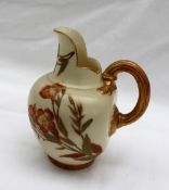 A Royal Worcester flat back jug, decorated with flowers and leaves to an ivory ground, puce mark Rd.