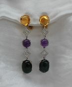 A pair of citrine, diamond, amethyst and tourmaline drop earrings,