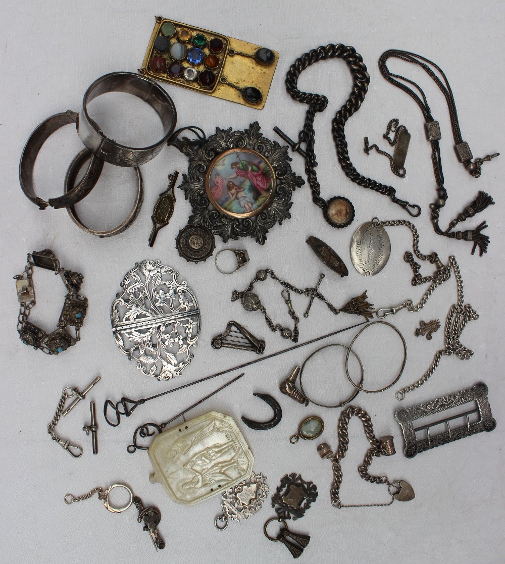 A quantity of silver and white metal jewellery, including hinged bangles, nurses belts, - Image 2 of 6