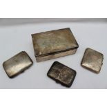 A silver cigarette box of rectangular form, together with three silver cigarette cases,