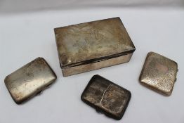 A silver cigarette box of rectangular form, together with three silver cigarette cases,