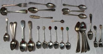 A set of six Chinese white metal and hardstone set tea spoons,