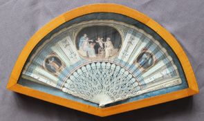 A 19th century fan, with three panels painted with cherubs and angels,