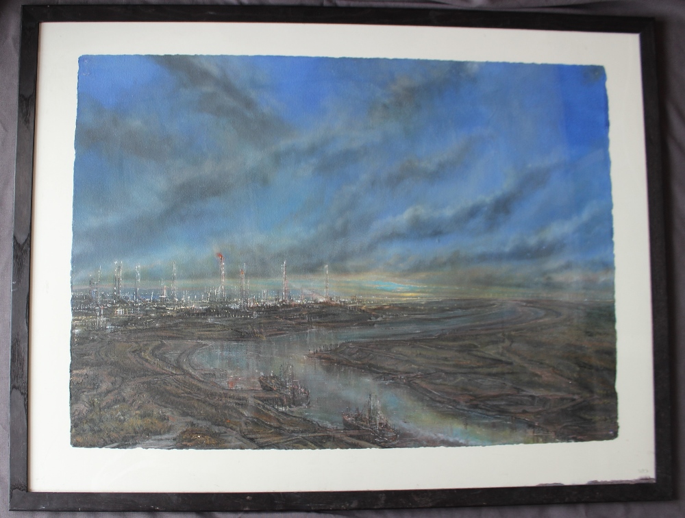 Iwan Gwyn Parry The oil refinery on the estuary Watercolour Signed verso.