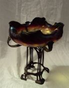 An Art Nouveau iridescent glass bowl on an electroplated stand 23cm wide CONDITION