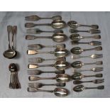 A Victorian silver fiddle pattern part flatware service, comprising six table spoons,