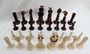 A 19th century Anglo Indian ivory chess set, natural and stained brown,