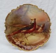 A Limoges porcelain plate painted with a golden pheasant cock and hen in a landscape to a wide gilt