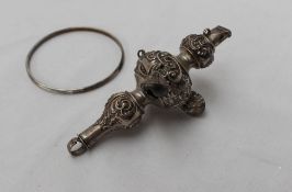 An Edwardian silver babies rattle, with a whistle and two bells, Birmingham, 1902,