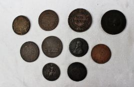 Ten assorted copper tokens including Anglesey 1d, 1787, Carmarthen 1d 1813,