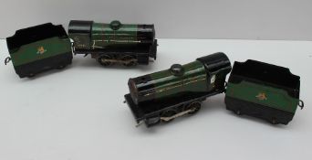 Two Hornby Type 20 0-4-0 clockwork locomotives and tenders in green