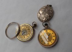A 9ct yellow gold keyless wound open-faced fob watch, with a gilt dial and Roman numerals,