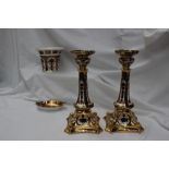 A pair of Royal Crown Derby 1128 pattern candlesticks, 27cm high together with a matching oval dish,