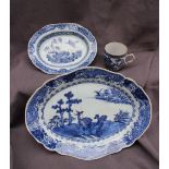 A Chinese export blue and white porcelain dish of shaped oval form,