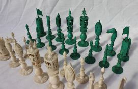A 19th century Anglo Indian ivory chess set, one side natural, the other stained green,