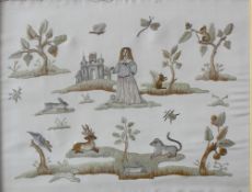 A 19th century silkwork picture depicting a figure before a castle,