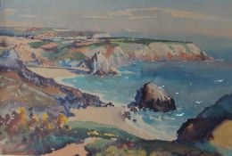Will Evans, RCA Three Cliffs Bay 'Gower' from the bay Watercolour Signed Label Verso 36 x 53.