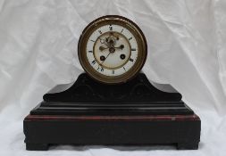 A late Victorian black slate and variegated marble mantle clock,